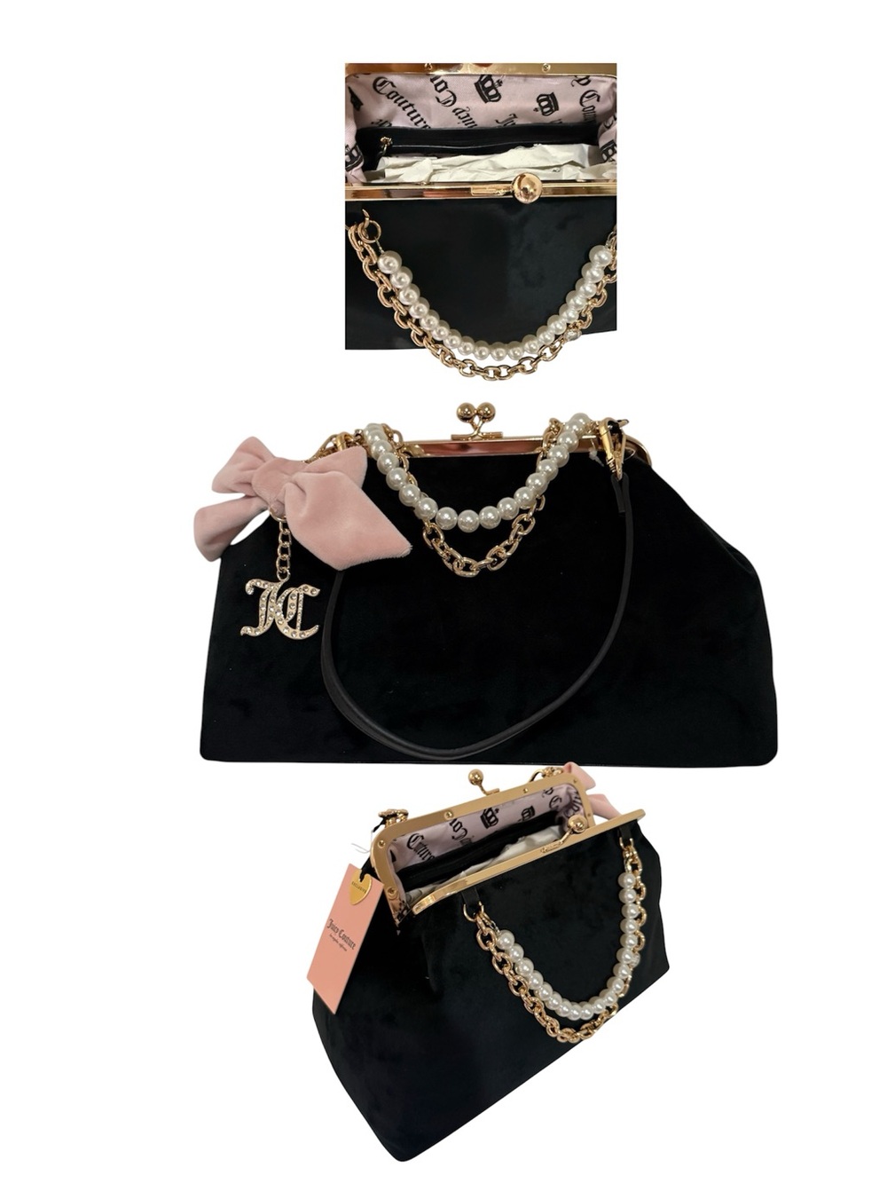 Juicy Couture Black Velvet Pearl-Chain Frame Clutch with Pink Bow